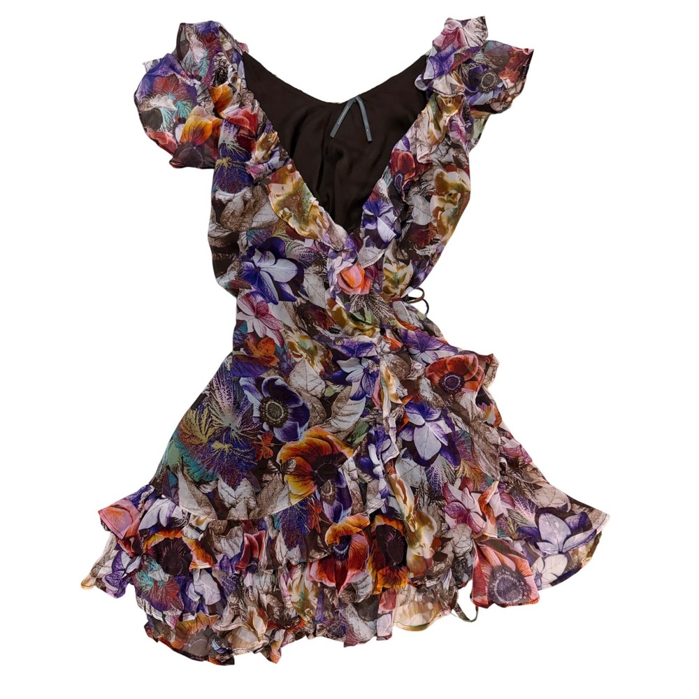 Anthropologie M Ruffled Mini Wrap Dress Floral Chiffon Boho Whimsygoth Purple
